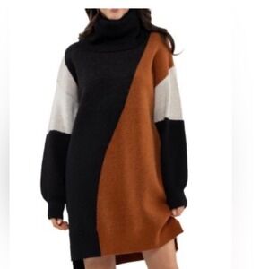 Baltic Born Diego Sweater Dress Black Multi XL Colorblock Turtleneck Mini